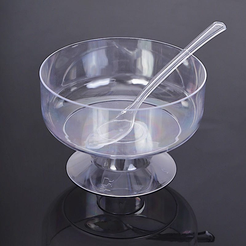 24 Clear 6 oz Crystal Footed Plastic Dessert Cups with Spoons - Disposable Tableware DSP_DST_CU009_6_CLR