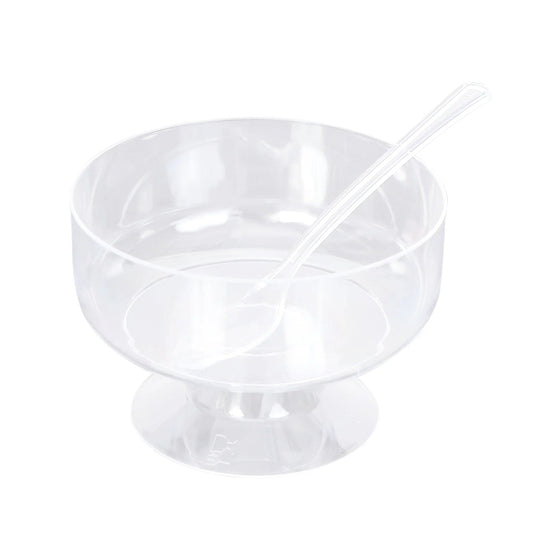 24 Clear 6 oz Crystal Footed Plastic Dessert Cups with Spoons - Disposable Tableware DSP_DST_CU009_6_CLR