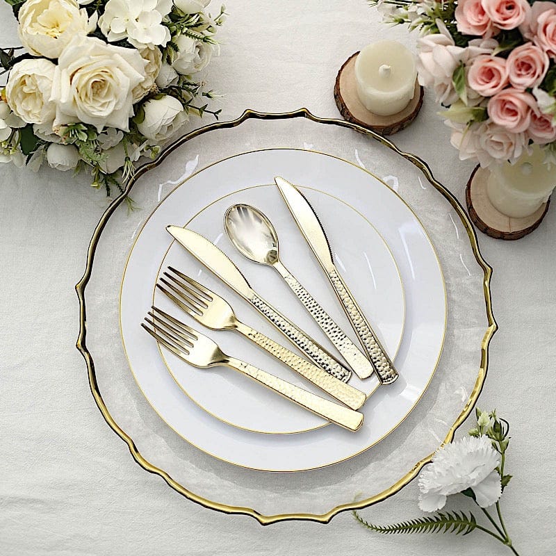 24 Hammered Design 7" Plastic Cutlery Spoons Forks and Knives Set - Disposable Tableware
