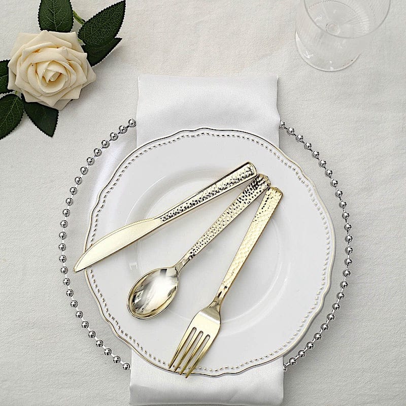 24 Hammered Design 7" Plastic Cutlery Spoons Forks and Knives Set - Disposable Tableware