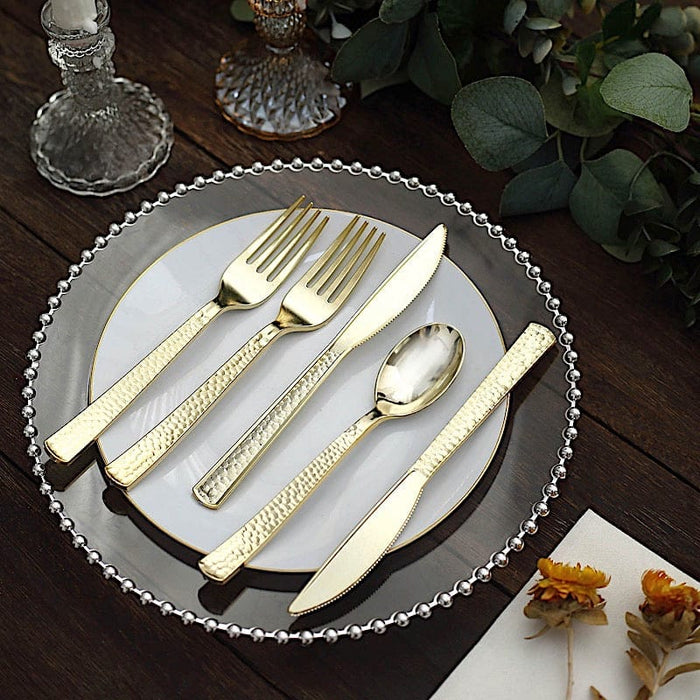 24 Hammered Design 7" Plastic Cutlery Spoons Forks and Knives Set - Disposable Tableware