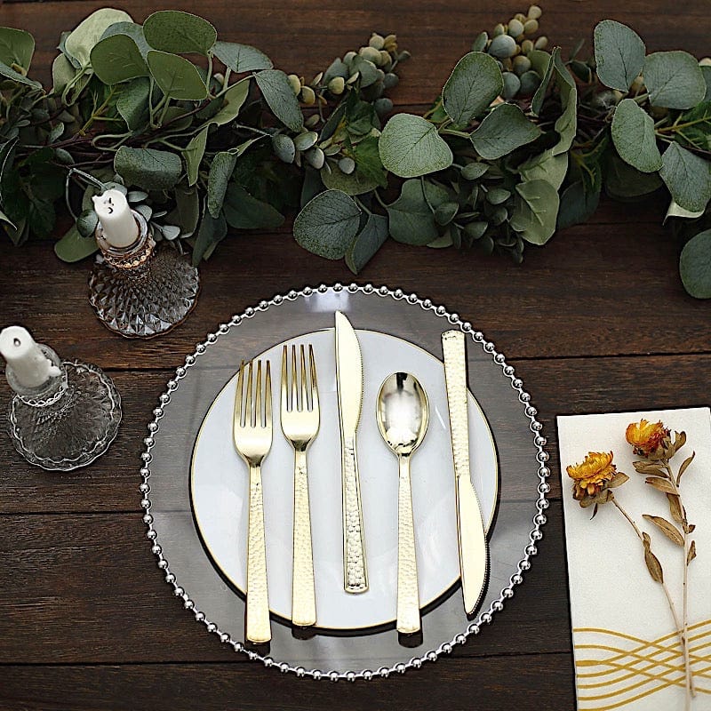 24 Hammered Design 7" Plastic Cutlery Spoons Forks and Knives Set - Disposable Tableware