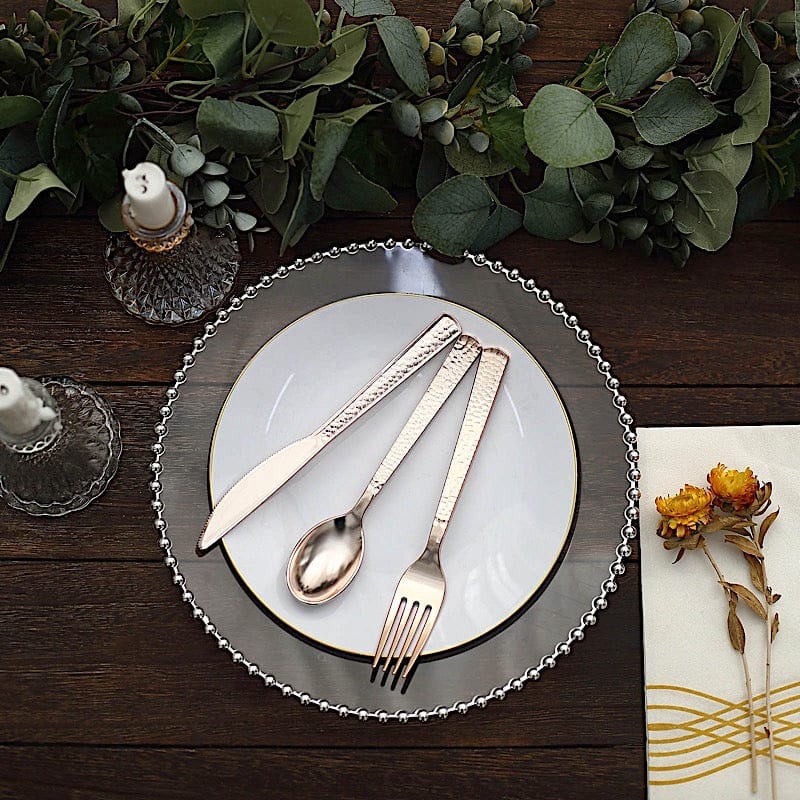 24 Hammered Design 7" Plastic Cutlery Spoons Forks and Knives Set - Disposable Tableware