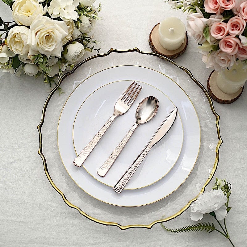 24 Hammered Design 7" Plastic Cutlery Spoons Forks and Knives Set - Disposable Tableware