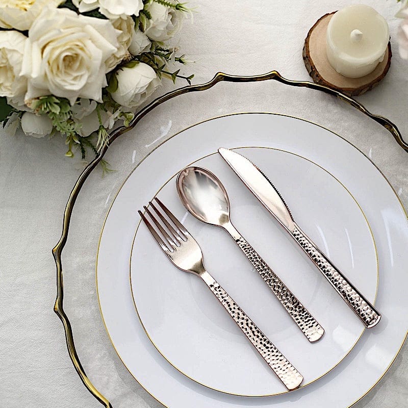 24 Hammered Design 7" Plastic Cutlery Spoons Forks and Knives Set - Disposable Tableware