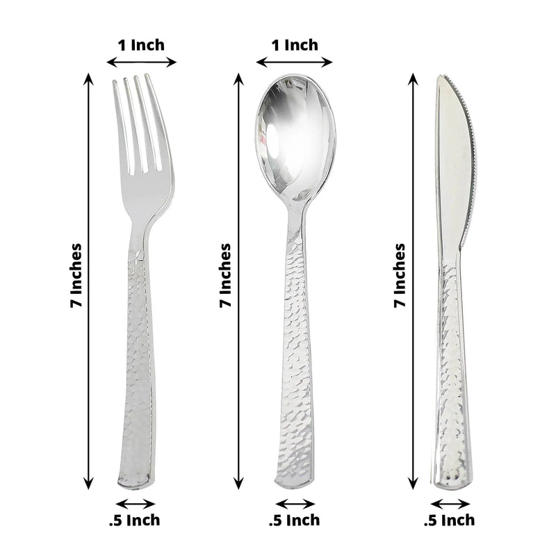 24 Hammered Design 7" Plastic Cutlery Spoons Forks and Knives Set - Disposable Tableware