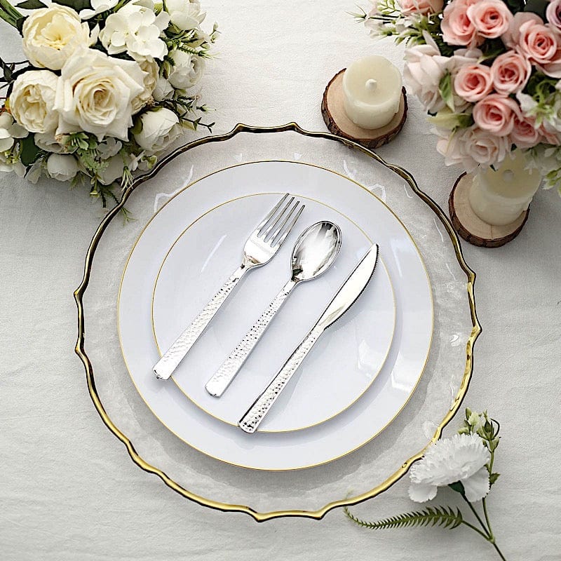 24 Hammered Design 7" Plastic Cutlery Spoons Forks and Knives Set - Disposable Tableware