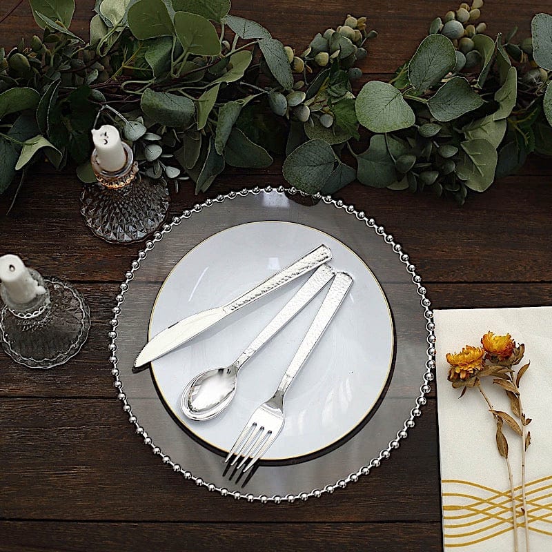 24 Hammered Design 7" Plastic Cutlery Spoons Forks and Knives Set - Disposable Tableware