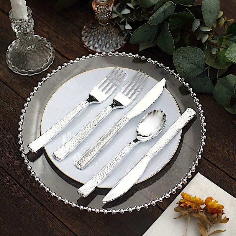 24 Hammered Design 7" Plastic Cutlery Spoons Forks and Knives Set - Disposable Tableware