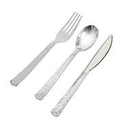 24 Hammered Design 7" Plastic Cutlery Spoons Forks and Knives Set - Disposable Tableware