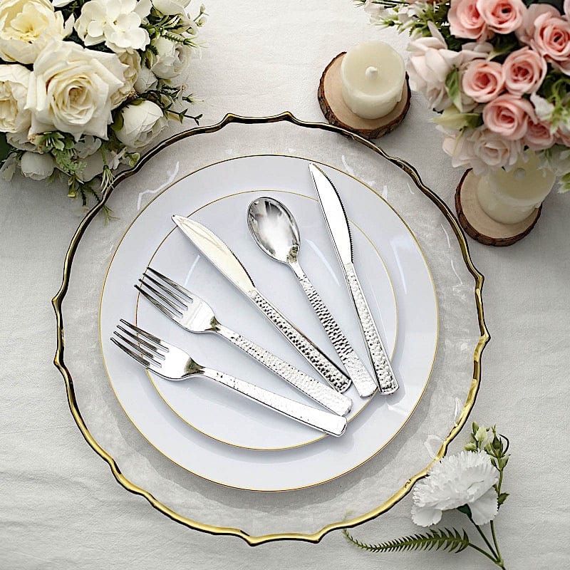 24 Hammered Design 7" Plastic Cutlery Spoons Forks and Knives Set - Disposable Tableware