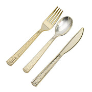 24 Hammered Design 7" Plastic Cutlery Spoons Forks and Knives Set - Disposable Tableware DSP_YY0002_7_GOLD