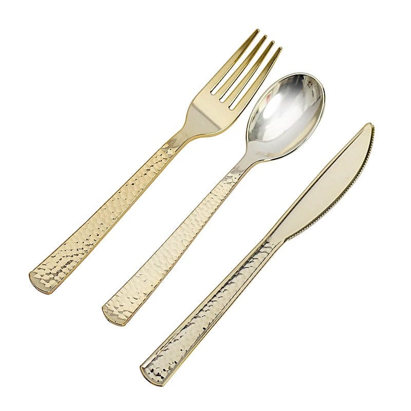 24 Hammered Design 7" Plastic Cutlery Spoons Forks and Knives Set - Disposable Tableware DSP_YY0002_7_GOLD