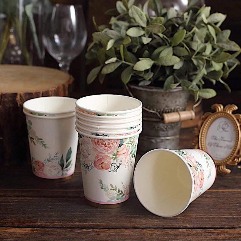 24 pcs 9 oz Pink and Gold Foil Peony Flower Paper Cups - Disposable Tableware DSP_PCUP_024_9_GOLD