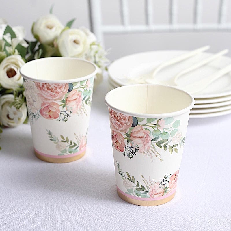 24 pcs 9 oz Pink and Gold Foil Peony Flower Paper Cups - Disposable Tableware DSP_PCUP_024_9_GOLD