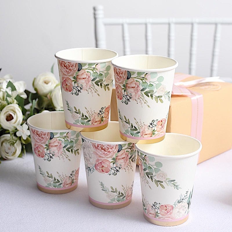 24 pcs 9 oz Pink and Gold Foil Peony Flower Paper Cups - Disposable Tableware DSP_PCUP_024_9_GOLD