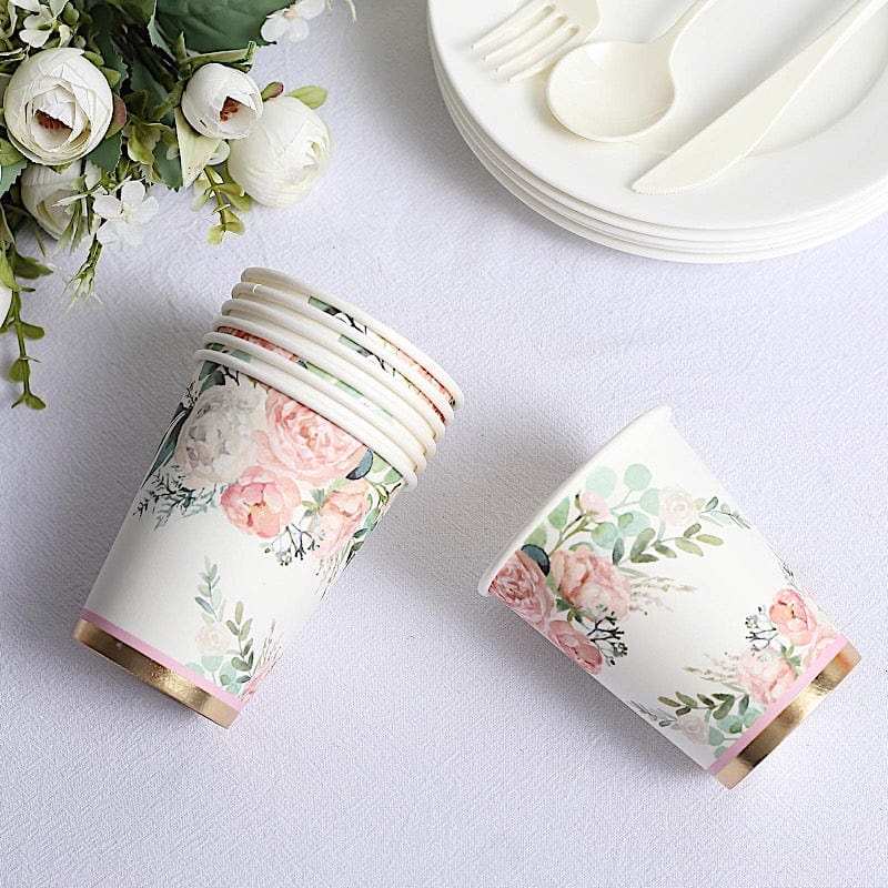 24 pcs 9 oz Pink and Gold Foil Peony Flower Paper Cups - Disposable Tableware DSP_PCUP_024_9_GOLD