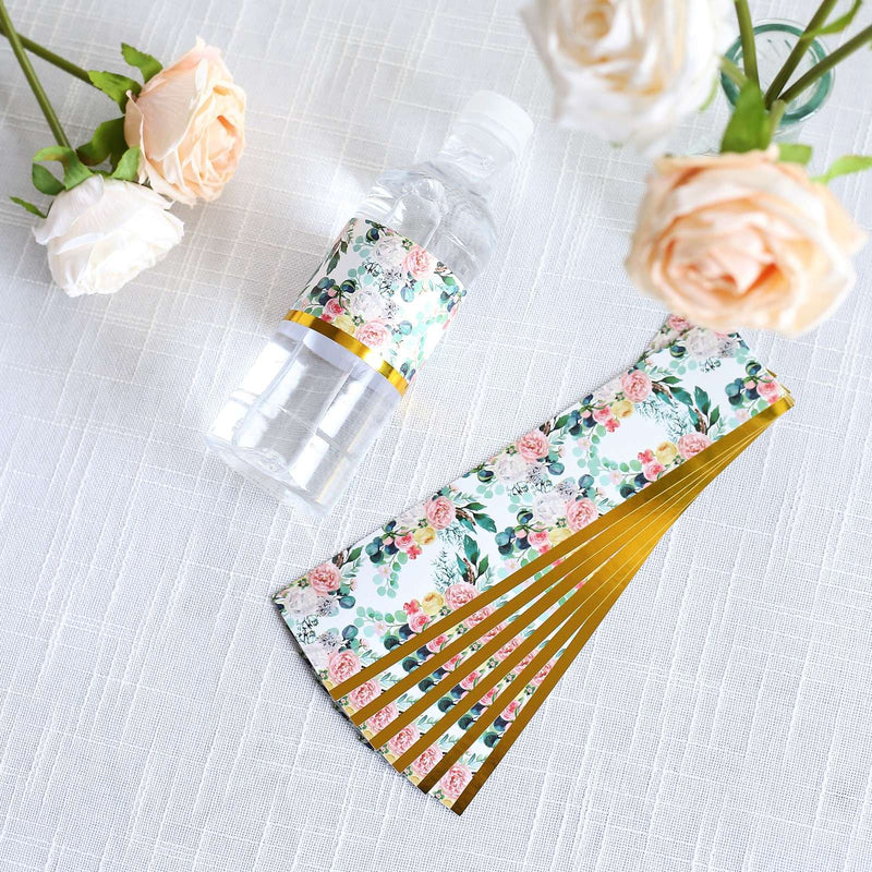 24 Peony Floral Water Bottle Labels with Gold Trim - White and Pink STK_BOTT_FLOR01_GOLD
