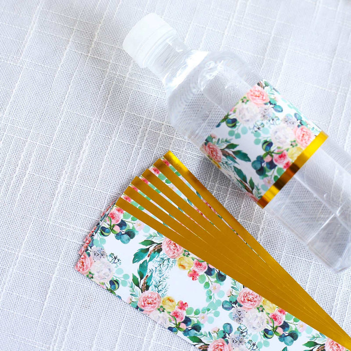 24 Peony Floral Water Bottle Labels with Gold Trim - White and Pink STK_BOTT_FLOR01_GOLD