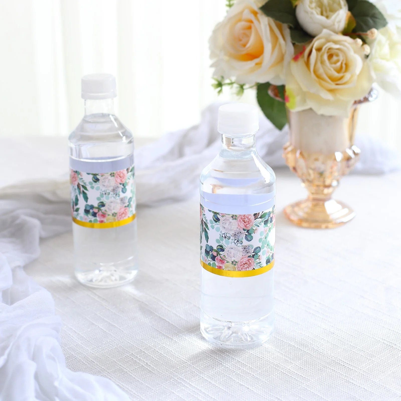 24 Peony Floral Water Bottle Labels with Gold Trim - White and Pink STK_BOTT_FLOR01_GOLD