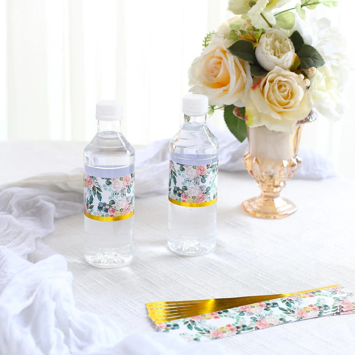 24 Peony Floral Water Bottle Labels with Gold Trim - White and Pink STK_BOTT_FLOR01_GOLD