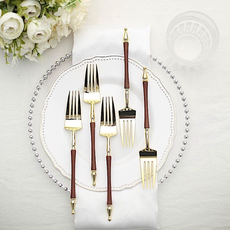 24 Plastic 8" Gold Brown Plastic Forks with Roman Column Handle - Disposable Tableware DSP_YF0015_8_BRN