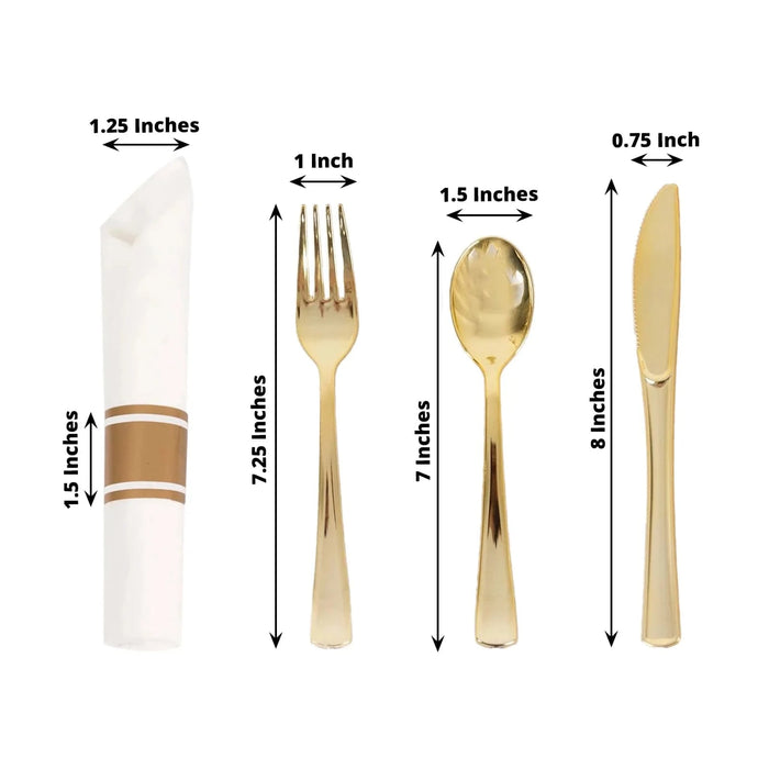 24 Plastic Silverware with Pre Rolled White Paper Napkins - Rose Gold
