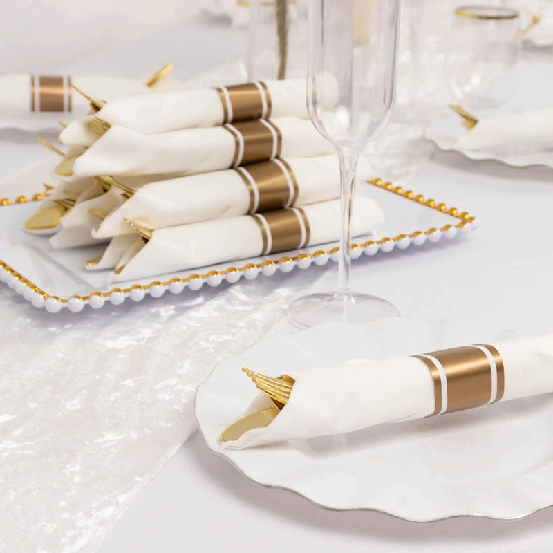 24 Plastic Silverware with Pre Rolled White Paper Napkins - Rose Gold