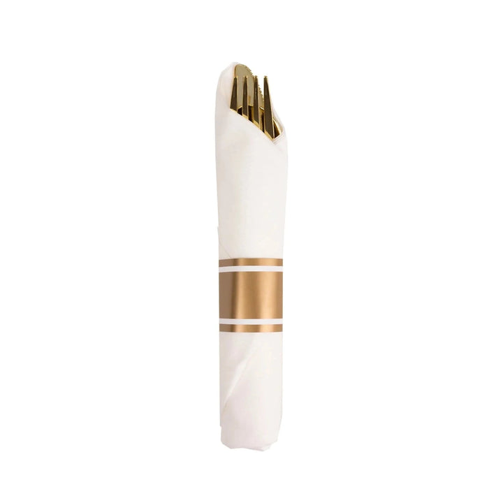 24 Plastic Silverware with Pre Rolled White Paper Napkins - Rose Gold