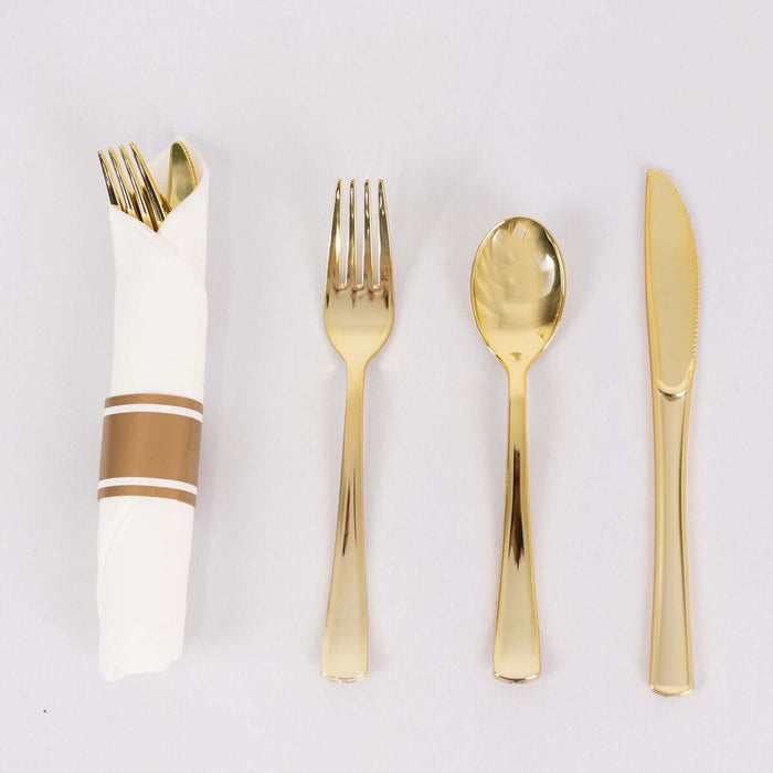 24 Plastic Silverware with Pre Rolled White Paper Napkins - Rose Gold DSP_YY001_KIT_GOLD