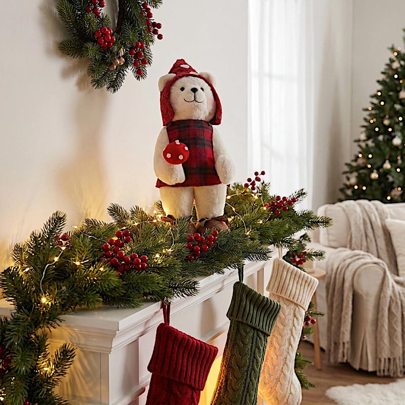 24" Plush Teddy Bear Gnome Christmas Figurine with Red Plaid Outfit - White DECO_XMAS_BEAR04_24_WHT