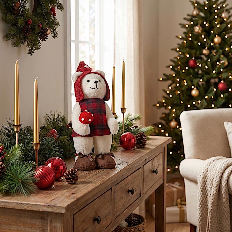 24" Plush Teddy Bear Gnome Christmas Figurine with Red Plaid Outfit - White DECO_XMAS_BEAR04_24_WHT