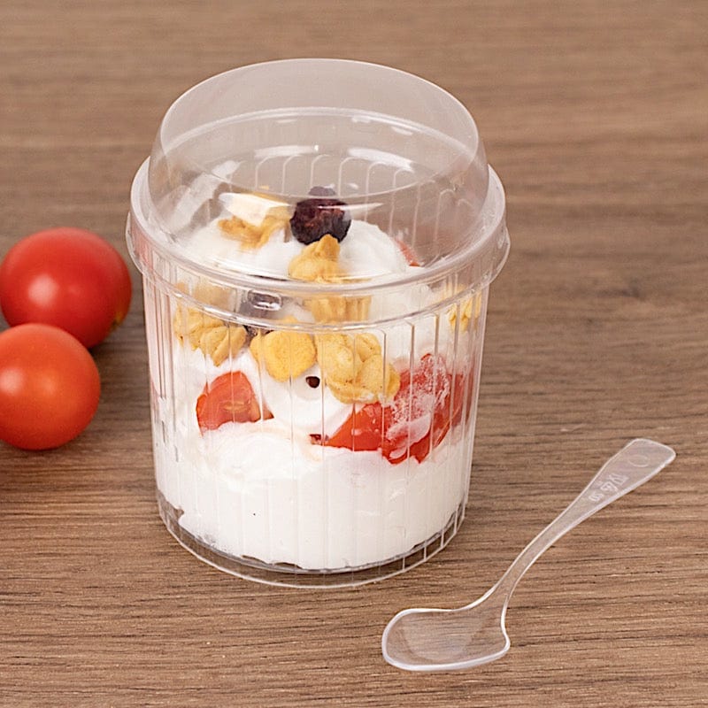 24 Ribbed Plastic Fruit Dessert Cups 5 oz with Lids and Spoons - Clear DSP_DST_CU013_5_CLR