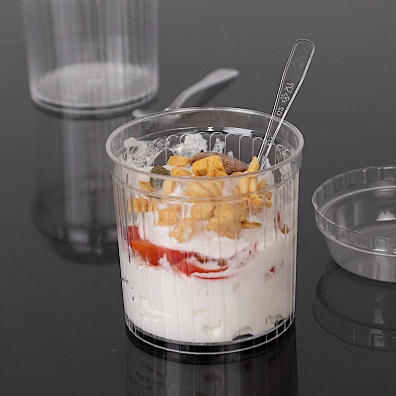 24 Ribbed Plastic Fruit Dessert Cups 5 oz with Lids and Spoons - Clear DSP_DST_CU013_5_CLR