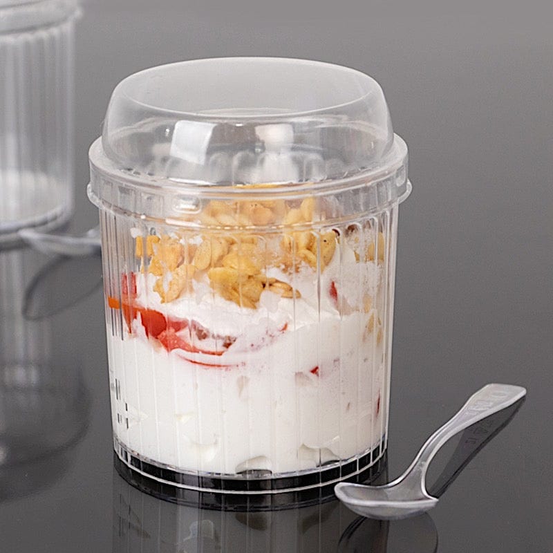 24 Ribbed Plastic Fruit Dessert Cups 5 oz with Lids and Spoons - Clear DSP_DST_CU013_5_CLR
