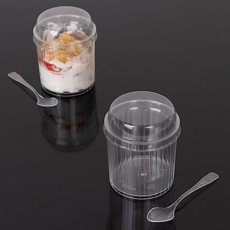 24 Ribbed Plastic Fruit Dessert Cups 5 oz with Lids and Spoons - Clear DSP_DST_CU013_5_CLR
