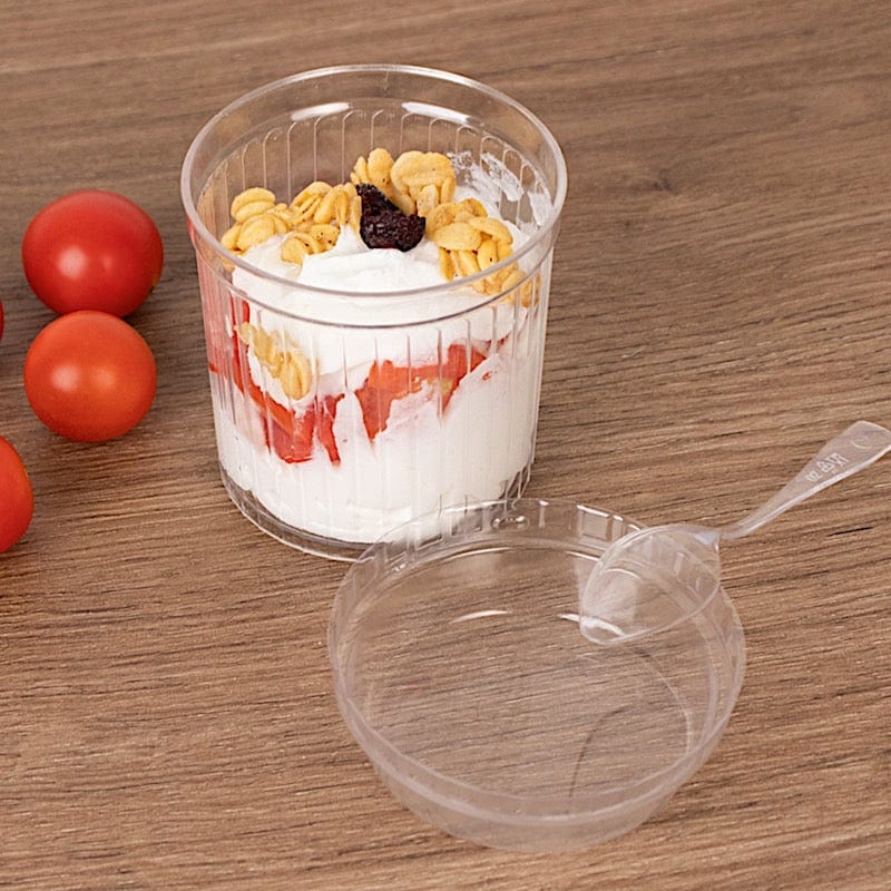 24 Ribbed Plastic Fruit Dessert Cups 5 oz with Lids and Spoons - Clear DSP_DST_CU013_5_CLR