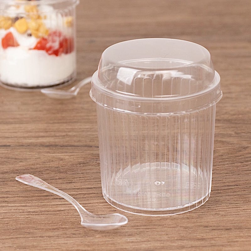 24 Ribbed Plastic Fruit Dessert Cups 5 oz with Lids and Spoons - Clear DSP_DST_CU013_5_CLR