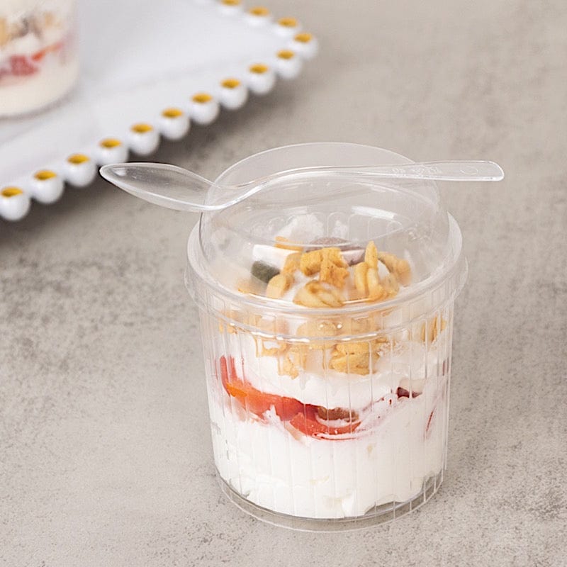 24 Ribbed Plastic Fruit Dessert Cups 5 oz with Lids and Spoons - Clear DSP_DST_CU013_5_CLR