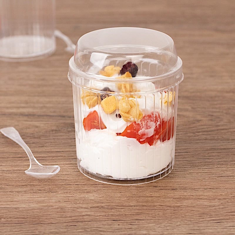 24 Ribbed Plastic Fruit Dessert Cups 5 oz with Lids and Spoons - Clear DSP_DST_CU013_5_CLR
