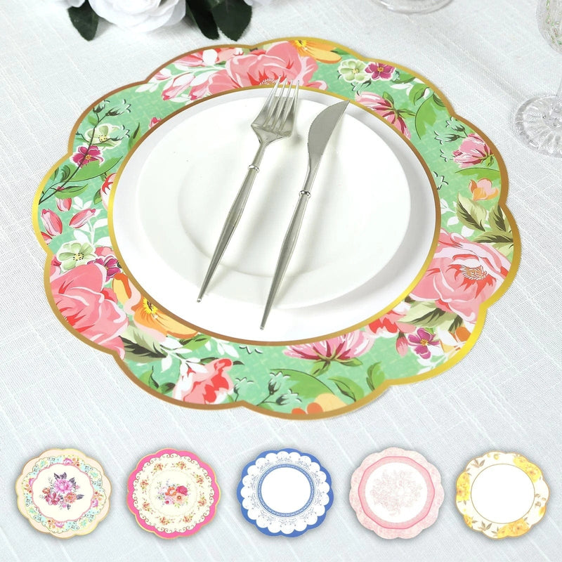 24 Round Cardboard Paper Placemats with Assorted Floral Designs DSP_CHRG_TEA017_MIX