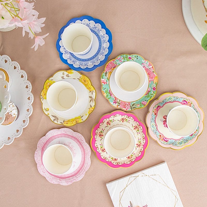 24 Round Floral Paper Tea Cup and Saucer Set - Assorted DSP_PPCU_R017_MIX