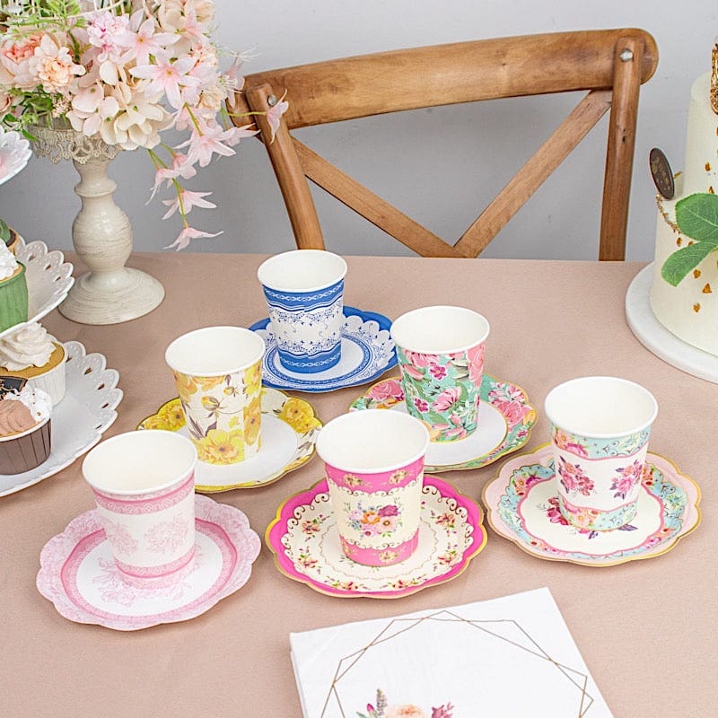 24 Round Floral Paper Tea Cup and Saucer Set - Assorted DSP_PPCU_R017_MIX