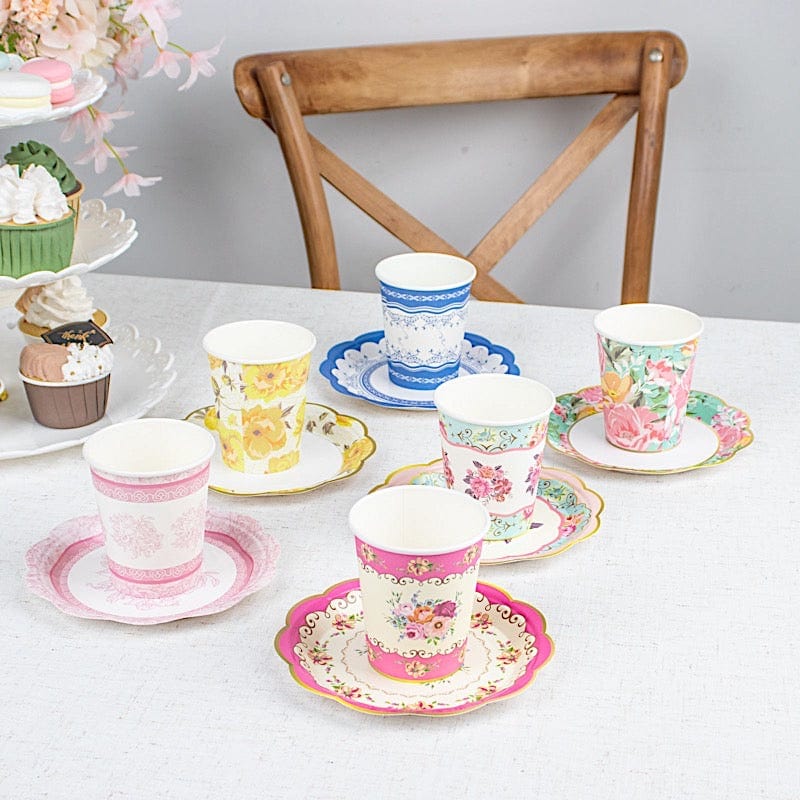 24 Round Floral Paper Tea Cup and Saucer Set - Assorted DSP_PPCU_R017_MIX