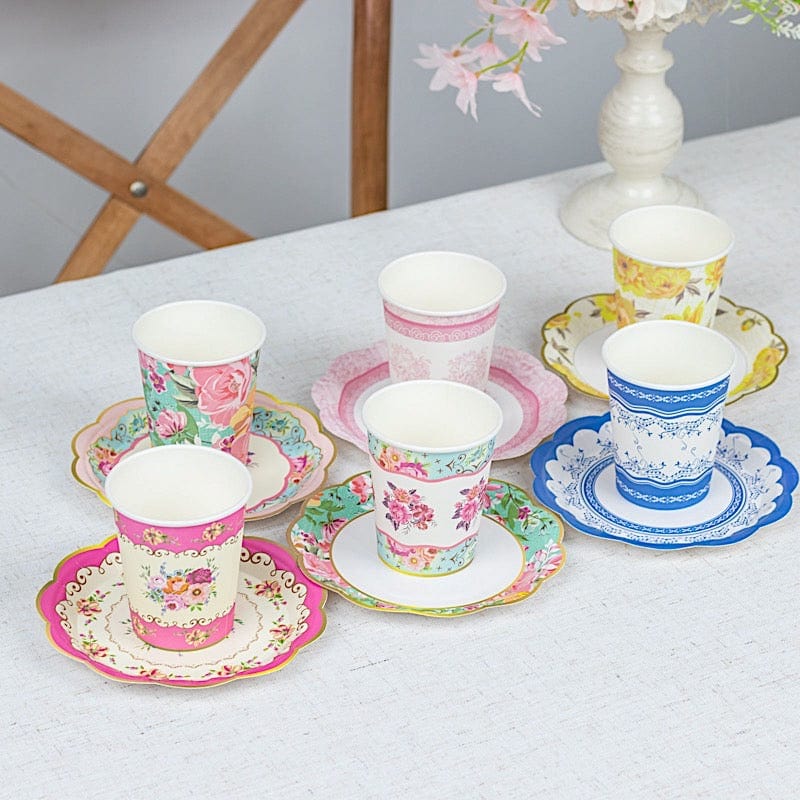 24 Round Floral Paper Tea Cup and Saucer Set - Assorted DSP_PPCU_R017_MIX