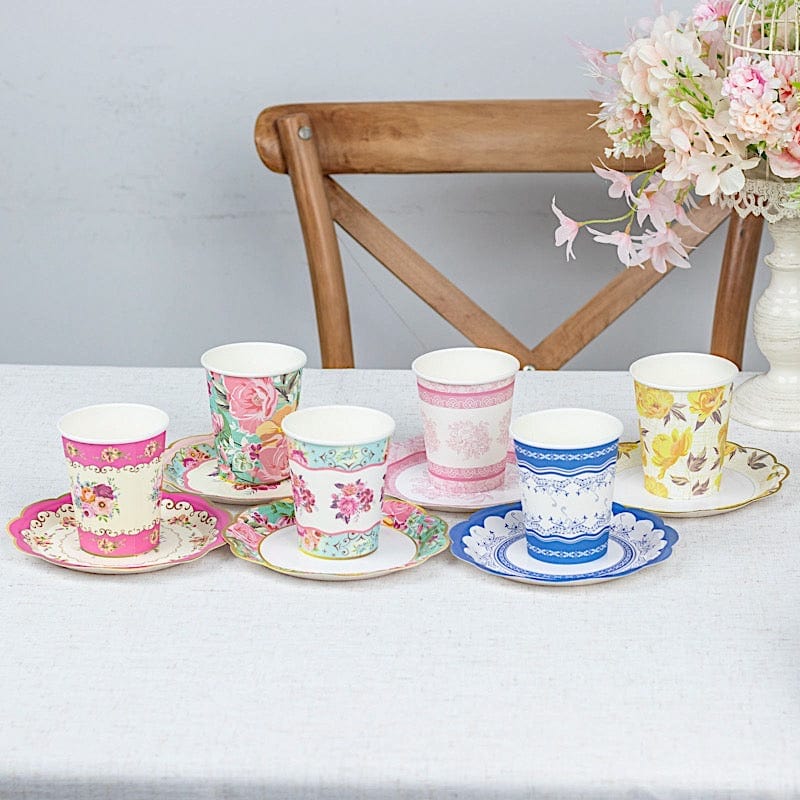 24 Round Floral Paper Tea Cup and Saucer Set - Assorted DSP_PPCU_R017_MIX