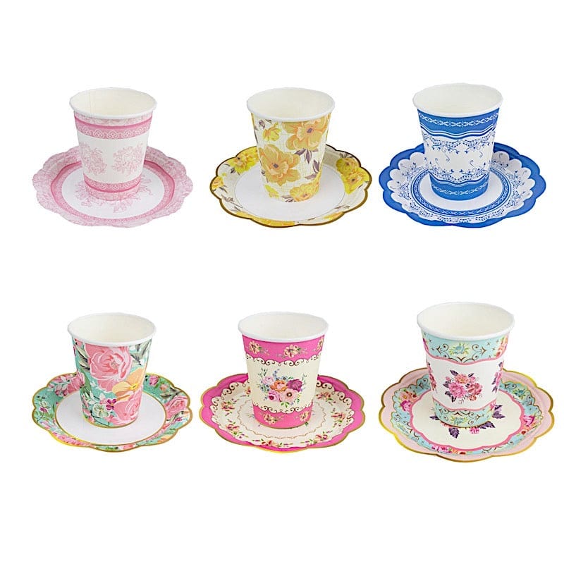 24 Round Floral Paper Tea Cup and Saucer Set - Assorted DSP_PPCU_R017_MIX