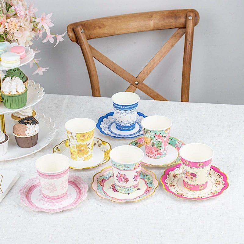 24 Round Floral Paper Tea Cup and Saucer Set - Assorted DSP_PPCU_R017_MIX