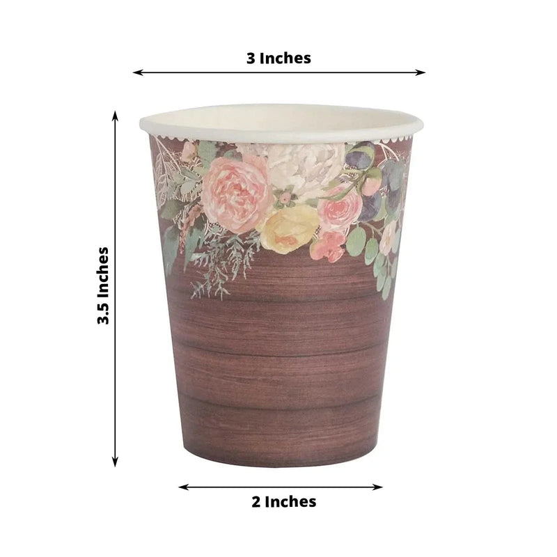 24 Rustic Wood Print Paper Cups with Floral Lace Rim - Brown DSP_PCUP_021_9_WHTBN