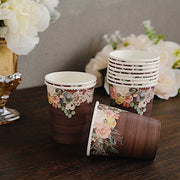 24 Rustic Wood Print Paper Cups with Floral Lace Rim - Brown DSP_PCUP_021_9_WHTBN